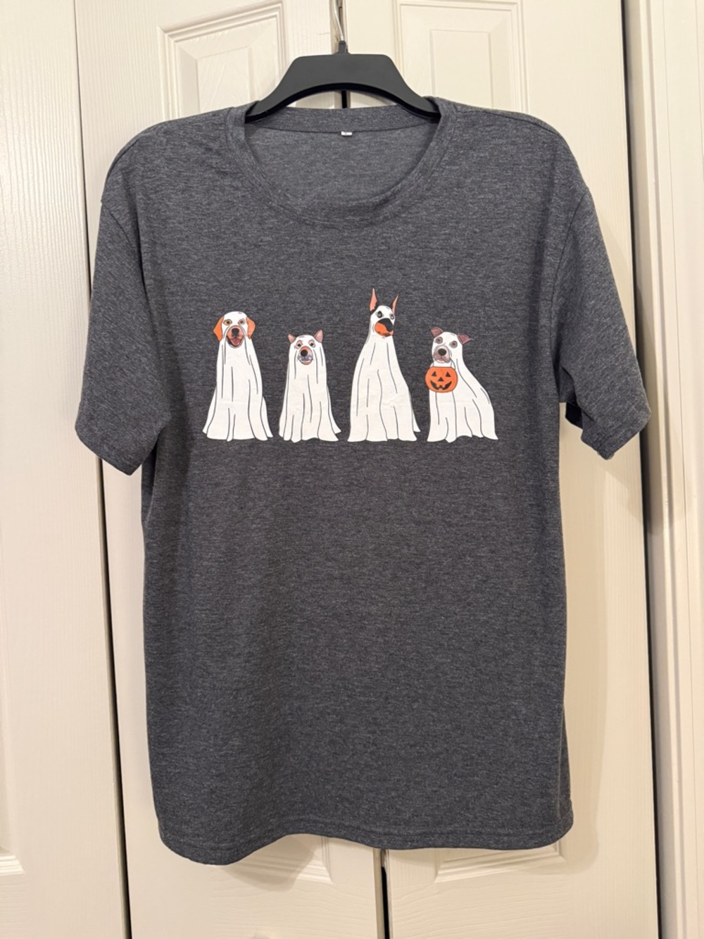Womens Gray Halloween Ghost Dogs Graphic Tee